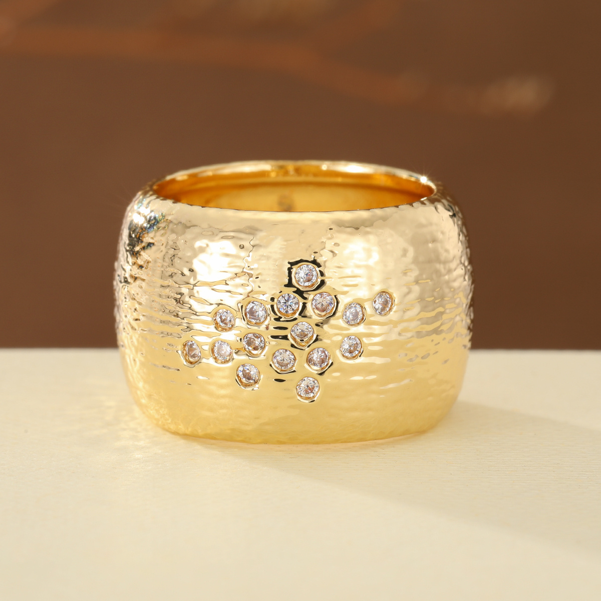 Women's Hammered Wide Band Ring with Starry Sky Synthetic Zircon